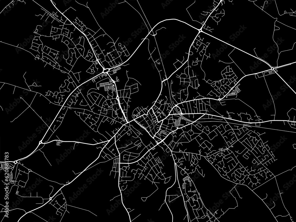 Vector road map of the city of  Dumfries in the United Kingdom on a black background.