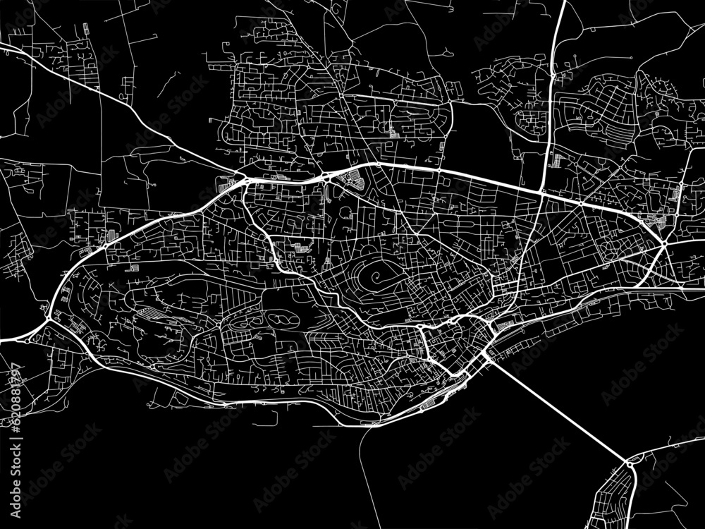 Vector road map of the city of  Dundee in the United Kingdom on a black background.
