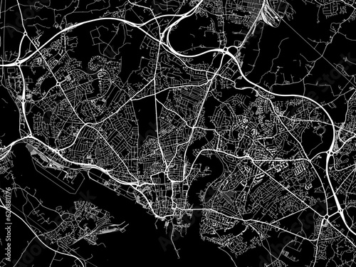 Vector road map of the city of  Southampton in the United Kingdom on a black background.