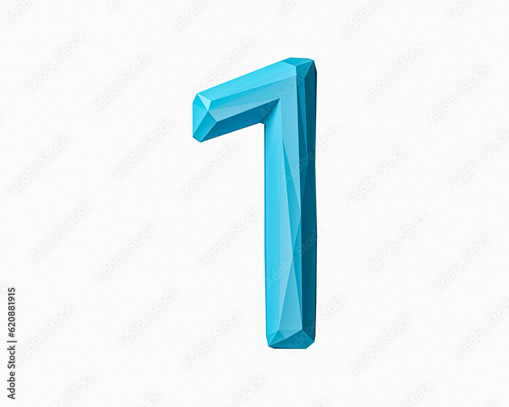 Digits made of low poly blue material. 3d illustration of green plant alphabet isolated on white background