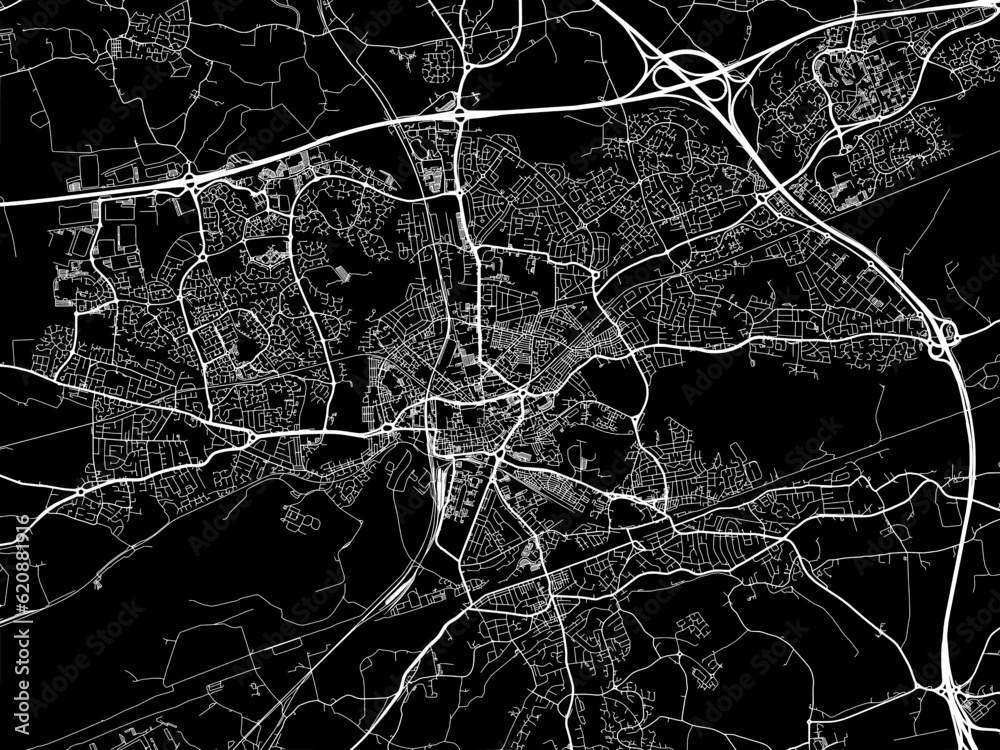 Vector road map of the city of Warrington in the United Kingdom on a black background. Vector road map of the city of Warrington in the United Kingdom on a black background.