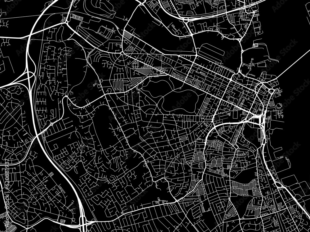 Vector road map of the city of  Birkenhead in the United Kingdom on a black background.