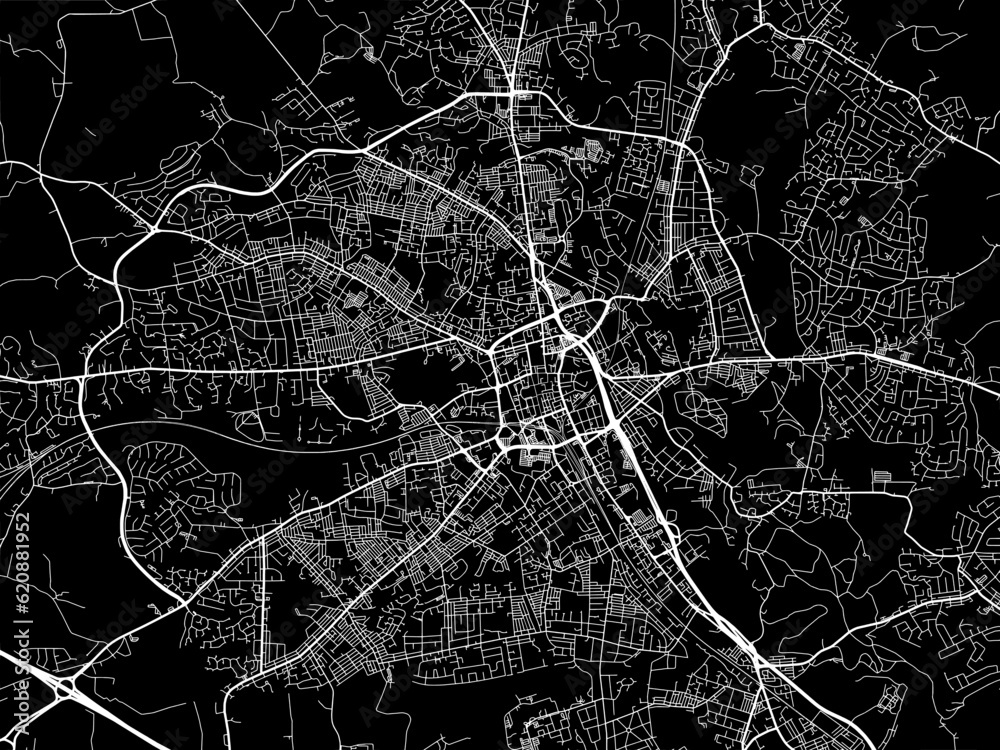 Vector road map of the city of  Bolton in the United Kingdom on a black background.