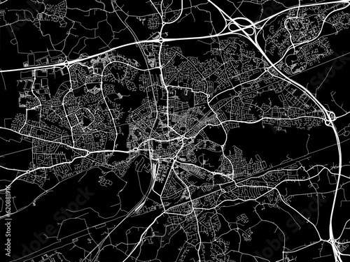 Vector road map of the city of  Warrington in the United Kingdom on a black background.