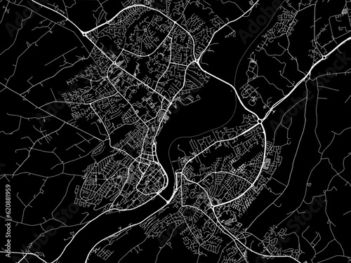 Vector road map of the city of Derry in the United Kingdom on a black background.