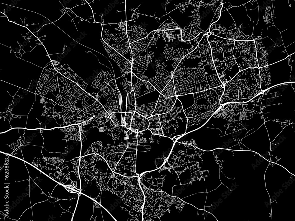 Vector road map of the city of  Northampton in the United Kingdom on a black background.