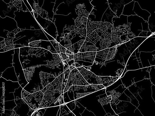Vector road map of the city of Bedford in the United Kingdom on a black background.