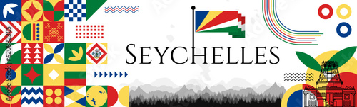 Seychelles Independence Day abstract banner design with flag and map. Flag color theme geometric pattern retro modern Illustration design. Blue, Yellow, red and Green flag color template.