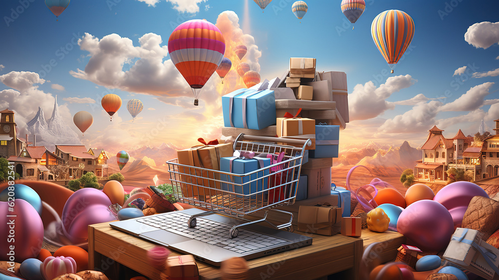 © hassanmim2021 - 3D online shopping on smartphone concept floating shape. Generative Ai