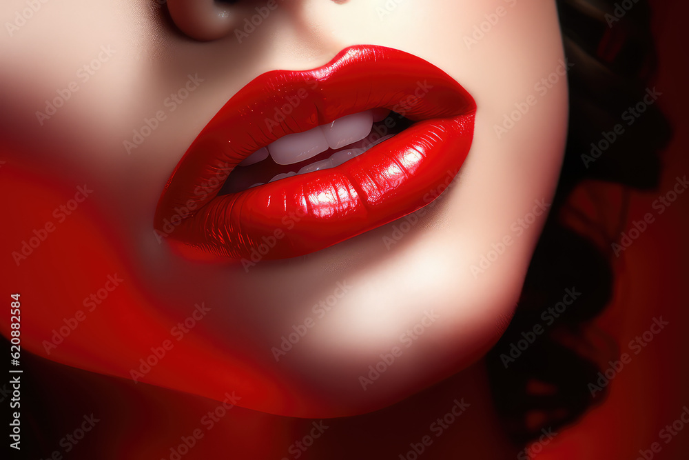 Obraz premium Close-up of a woman's beautiful lips, wearing bright red glossy metallic lipstick or lip gloss. Cropped image of a woman's face, red lipstick. Generative AI 3d render illustration imitation.