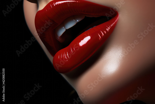 Close-up of woman s beautiful lips  wearing bright red glossy lipstick or lip gloss  black background. Cropped image of a woman s face  red lipstick. Generative AI 3d render illustration imitation.