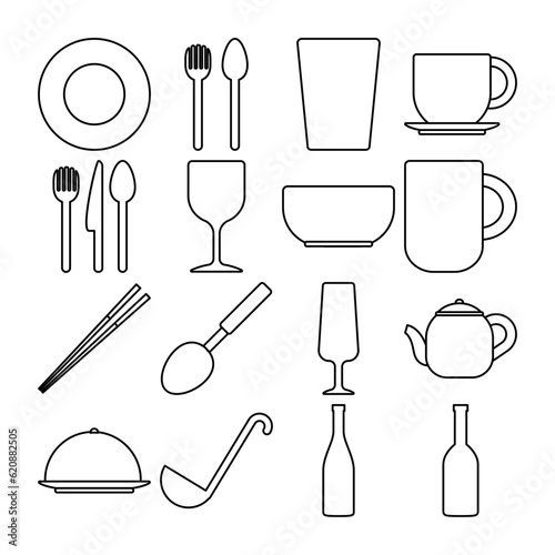 set of tableware equipment icon vector illustration, outline tableware design