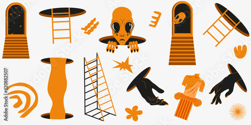 Surreal set of funny cartoon Characters. Abstract vector elements and signs in trendy style. Arch, stairs, column, hand and Alien. Symbol for  web, social media, poster, cover design, banner.