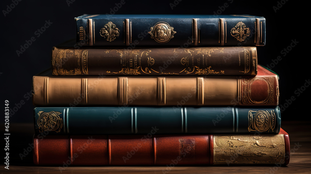 Dark brown old book stack in the dark room with copy space background ...