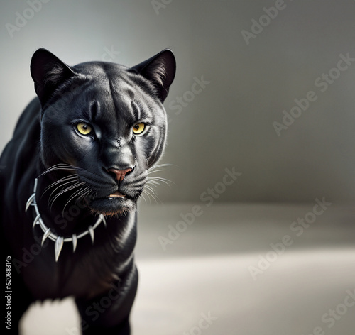 illustrazione con ritratto primo piano di pantera nera con collare, sguardo verso l'osservatore, sfondo grigio scuro di luce diffusa, Generative Ai