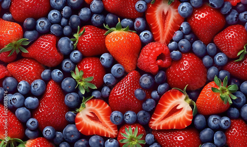  a close up of a bunch of strawberries and blueberries.  generative ai