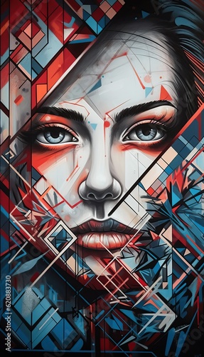 Artistic face with abstract geometric forms and geometric shapes. 