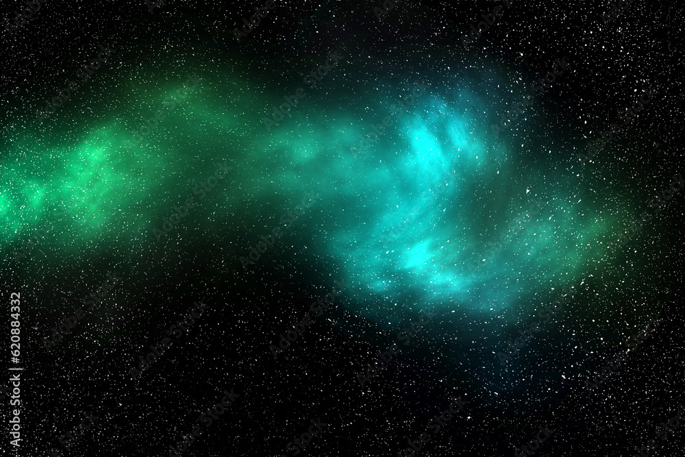 starry star with green mix indigo nebula and galactic galaxy in wide dark universe or black cosmos space like nature cloud in night sky Interstellar for background wallpaper