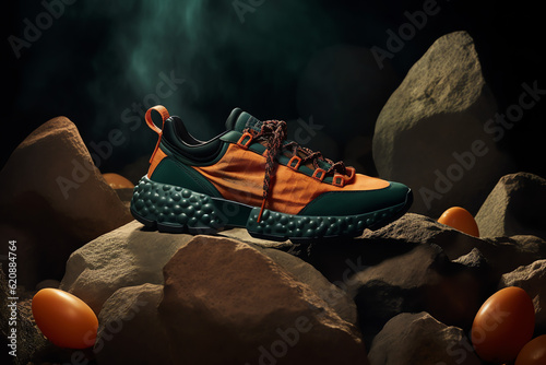 A pair of orange and black sneakers sitting next to some rocks, in the style of surrealist-inspired elements, light amber and emerald, smokey background, industrial and product design, AI Generated.
