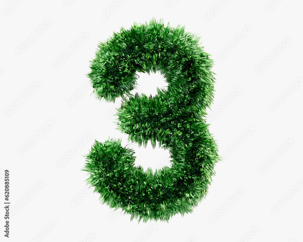 Digits made of green lawn grass. 3d illustration of green plant alphabet isolated on white background Digits made of green lawn grass. 3d illustration of green plant alphabet isolated on white background