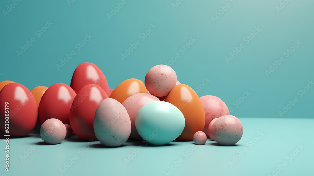 Colorful Easter eggs on pastel blue background. Creative design. 3d rendering, design concept, copy space, free space for text, AI Generated. Colorful Easter eggs on pastel blue background. Creative design. 3d rendering, design concept, copy space, free space for text, AI Generated.