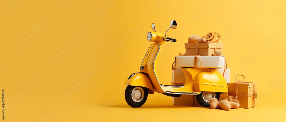 Scooter motorcycle on a yellow background, close-up, AI Generated