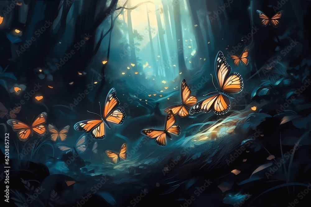 Fototapeta premium landscape with forest at night butterfly blue tone background, AI Generated