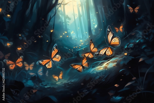 landscape with forest at night butterfly blue tone  background, AI Generated © HarMony