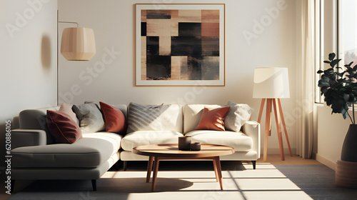 Wallpaper Mural Stylish Living Room Interior with an Abstract Frame Poster, Modern interior design, 3D render, 3D illustration Torontodigital.ca