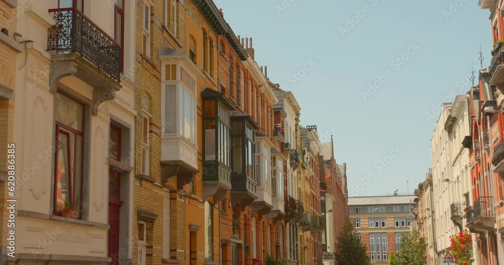 Facade Exterior With Projection Windows In Brussels, Belgium. Low Angle Facade Exterior With Projection Windows In Brussels, Belgium. Low Angle