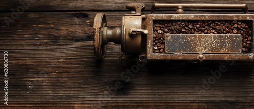 Panoramic coffee beans border vintage Coffeemaker wooden, On brown background, AI Generated 