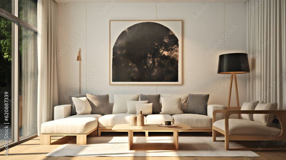 Stylish Living Room Interior with an Abstract Frame Poster, Modern interior design, 3D render, 3D illustration Stylish Living Room Interior with an Abstract Frame Poster, Modern interior design, 3D render, 3D illustration