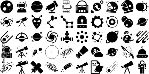 Massive Set Of Astronomy Icons Set Flat Drawing Elements Structure, Icon, Galaxy, Scientific Pictograph For Computer And Mobile