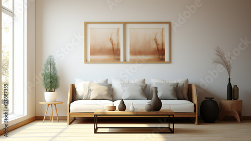 Stylish Living Room Interior with an Abstract Frame Poster  Modern interior design  3D render  3D illustration