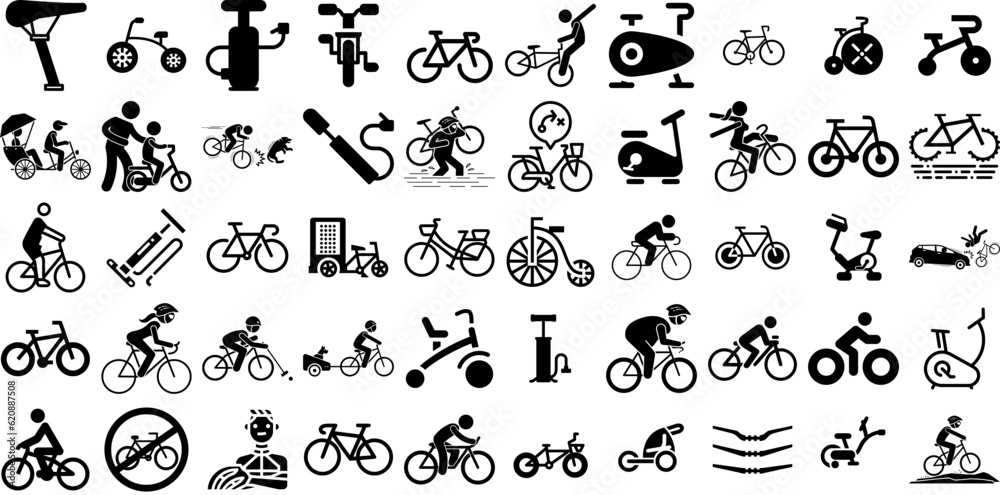 Huge Collection Of Bicycle Icons Pack Black Drawing Silhouettes Icon, Inflatable, Wheel, Symbol Silhouette For Computer And Mobile