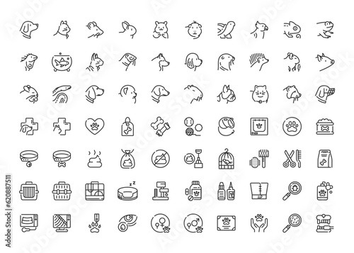 Pet Care Vector Icons Set - Cats, Dogs, Hamsters, Rodents, Turtles, Exotic Pets, Veterinary Symbols, Toys, Health Care Items, Analysis Equipment, and Popular Vet Procedures.
