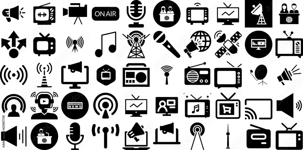 Mega Collection Of Broadcast Icons Bundle Hand-Drawn Solid Infographic Elements Radio, Podcast, Broadcasting, Camera Elements Isolated On Transparent Background