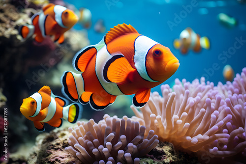 playfully clownfish in coral reef