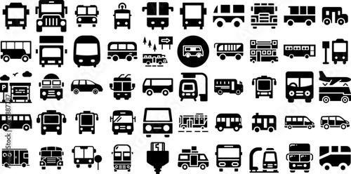 Huge Set Of Bus Icons Bundle Hand-Drawn Solid Simple Clip Art Holiday Maker, Icon, Symbol, Business Silhouettes For Apps And Websites photo