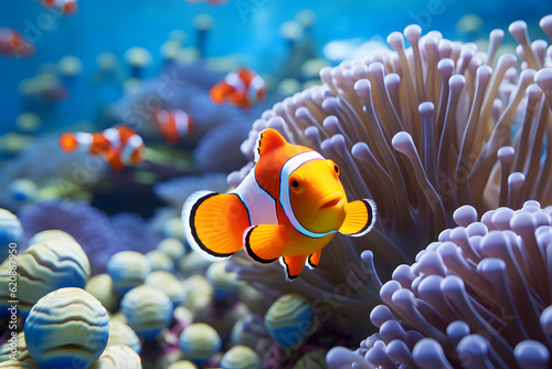 playfully clownfish in coral reef photo