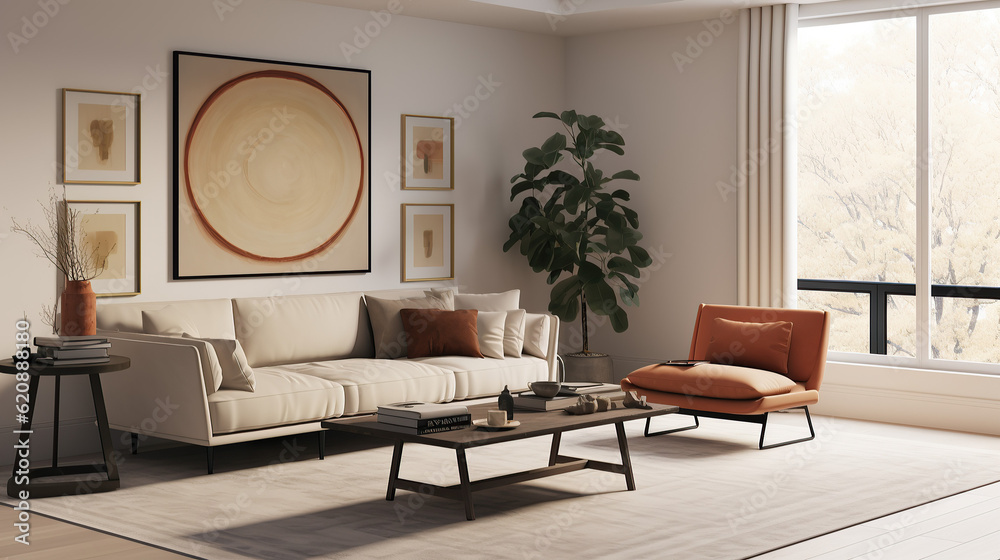 Fototapeta premium Stylish Living Room Interior with an Abstract Frame Poster, Modern interior design, 3D render, 3D illustration