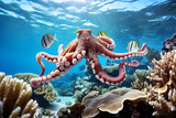 Octopus swim in coral reef with fish