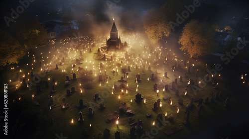 Aerial view of a candle-lit cemetery, capturing the beauty and tranquility of the scene. Generative Ai.