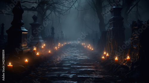 The candlelit path leading through the autumn woods creates an ethereal and solemn atmosphere. Generative Ai.