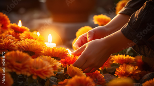 Fotografie, Obraz Close-up of hands lighting candles between flowers on graves, representing the act of remembrance