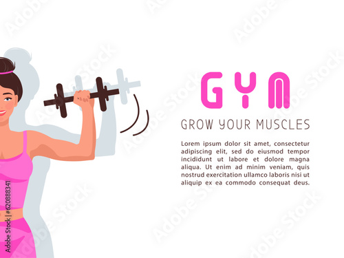 Fitness girl in gym, barbells dumbbells fitness, crossfit logo