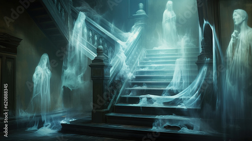 Transparent figure ascending a staircase. Haunted mansion with ghostly apparitions floating through the walls. Generative Ai. photo