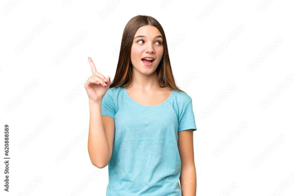 Teenager girl over isolated chroma key background intending to realizes the solution while lifting a finger up Teenager girl over isolated chroma key background intending to realizes the solution while lifting a finger up