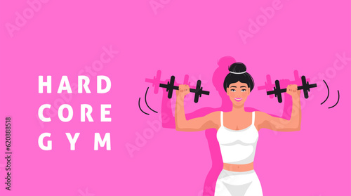 Fitness girl in gym, barbells dumbbells fitness, crossfit logo