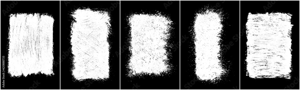 Set of scribble hand drawn in chalk on black background. Shabby white texture. Monochrome stain element. Rusted effect. Digitally generated image. Vector illustration, Eps 10.
